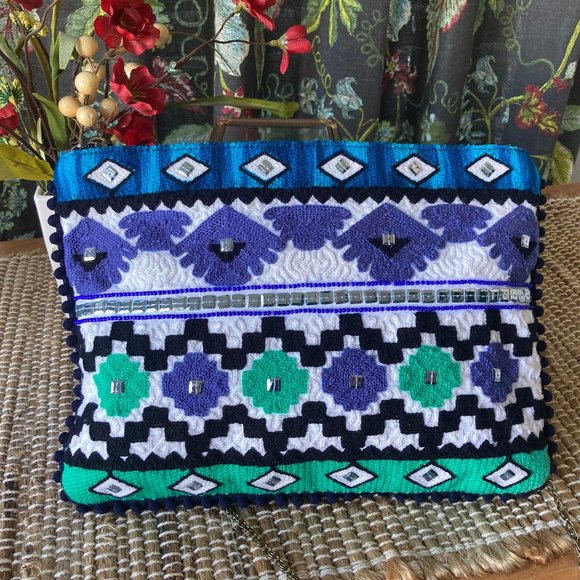 Steve Madden Jarya Blue Green Embroidered Studded Handbag - Picture 3 of 8